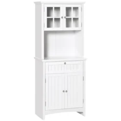 Gulches Elegant Versatile Buffet With Hutch - Kitchen Pantry Cabinet, Framed Glass Door, Drawer, Microwave Space, White 27"W X15.75"D X64.5"H