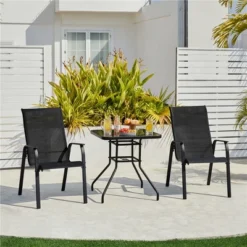 Yaheetech Set Of 2 Outdoor Texteline Stackable Dining Chairs With Backrest/ Armrests For Garden, Lawn, Porch, Backyard Pool