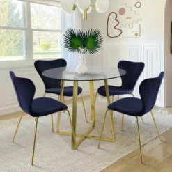 HANA+FLAVIA 5-Piece Round Clear Glass Gold Legs Dining Table Set With 4 Upholstered Chairs-The Pop Maison -Chic Furniture Store GUEST 0903d7eb e82f 4749 8a72 076022224dc7