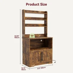 Microwave Stand Bakers Rack Cabinet, Farmhouse Wooden Storage Cabinet With Power Outlet With Thickened Counter