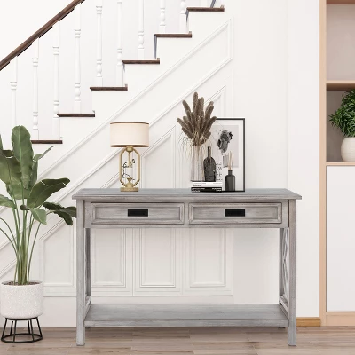 LuxenHome Gray Wood 2-Drawer 1-Shelf Console And Entryway Table 1 LuxenHome Gray Wood 2-Drawer 1-Shelf Console And Entryway Table