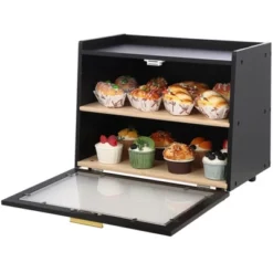Rustic Black Bamboo Bread Box – 2-tier Freshness Keeper With Clear View Door & Elevated Design – Farmhouse Kitchen Organizer