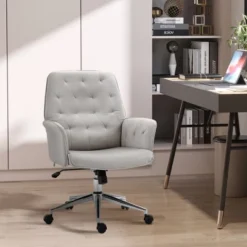 Chic Furniture Store 23 Vinsetto Mid-Back Tufted Velvet Fabric Home Office Desk Chair With Adjustable Height Swivel Adjustable Task Chair With Padded Armrests Light Gray
