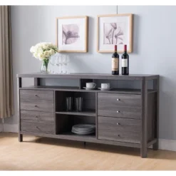 FC Design Modern 60"W Buffet Sideboard With 4 Shelves And 4 Drawers With Buttons Tuffted In Distressed Grey Finish