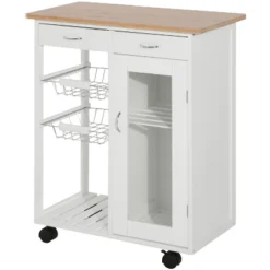 HOMCOM 28" Rolling Kitchen Trolley Serving Cart Storage Cabinet Bamboo Top With Wire Basket & Door Cabinet & Drawers, White -Chic Furniture Store GUEST 17c15a63 df11 48e0 b9f3 3766df50ed89