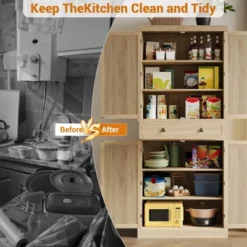 72-Inch Tall Narrow Kitchen Pantry Cabinet With 4 Doors & Drawer, Adjustable Shelves, Farmhouse Wooden Storage Cupboard, Natural Finish -Chic Furniture Store GUEST 1a10bcb0 e769 4dfb 8a98 80643821caa7