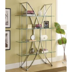 72.5" Contemporary 4 Shelf Bookcase With Glass Shelves Chrome - Coaster