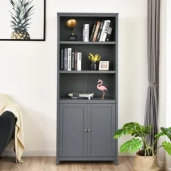 Costway Bookcase Shelving Storage Wooden Cabinet Unit Standing Bookcase W/Doors Gray -Chic Furniture Store GUEST 1c45f3de c84d 4b48 81d5 e704f7102b8c