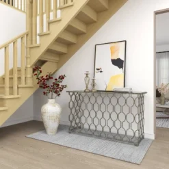 Contemporary Metal Pattern Console Table Silver - Olivia & May -Chic Furniture Store GUEST 1cc59ac8 ddbb 4966 9c07 47efef26bff2