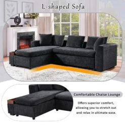 L-Shaped Sectional Sofa Chenille Upholstered Sofa Couch With Wooden Storage Compartment, Black/Brown/Gray/Green-ModernLuxe