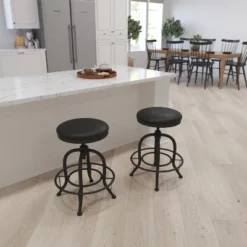 Merrick Lane Counter Stool Contemporary Black Faux Leather Backless Stool With Swivel Seat Height Adjustment And Footrest