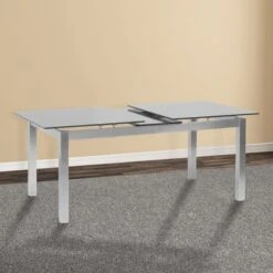 IvanExtendable Dining Table In Brushed Stainless Steel And Gray Tempered Glass Top - Armen Living