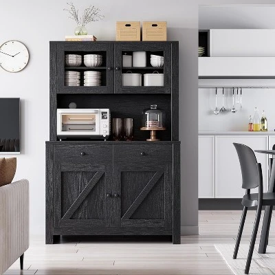 Kitchen Pantry Cabinet With Microwave Stand And Coffee Bar, Freestanding Hutch With Drawers, Doors & Adjustable Shelves 6 Kitchen Pantry Cabinet With Microwave Stand And Coffee Bar, Freestanding Hutch With Drawers, Doors & Adjustable Shelves - Image 6