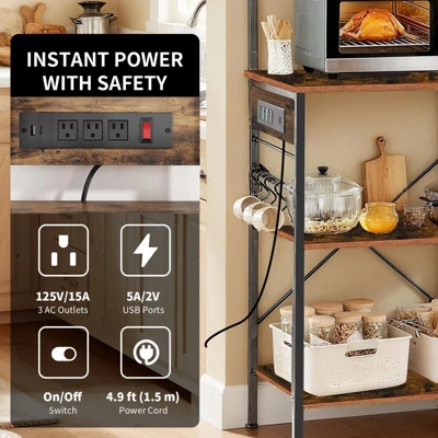Freestanding Kitchen Bakers Rack, 4 Tier Microwave Stand With Wire Basket & Hooks, 62'' Tall Industrial Coffee Bar Station For Spices, Cups, Pots 3 Freestanding Kitchen Bakers Rack, 4 Tier Microwave Stand With Wire Basket & Hooks, 62'' Tall Industrial Coffee Bar Station For Spices, Cups, Pots - Image 3