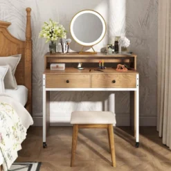 Costway 39.5" Expandable Rolling Computer Desk With Monitor Shelf 2-tier Desktop 2 Drawers Natural/Brown/Black -Chic Furniture Store GUEST 3425140b 3864 4235 b378 a7cd5c28a2f8