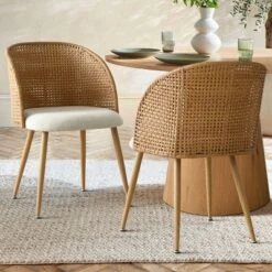 Set Of 8 Rattan Dining Chairs, Mid-Century Upholstered Cane Back Chairs With Armrests, Wood-Look Metal Legs For Dining Room & Kitchen-Maison Boucle -Chic Furniture Store GUEST 343b3c35 2453 4b37 aafd edf95cb3e7e9