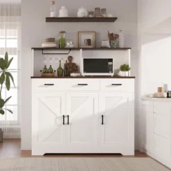 Buffet Cabinet With Storage, Large Wood Coffee Bar Cabinet With Drawers, Doors And Shelves, Farmhouse Kitchen Sideboard Table For Home