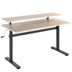 Tranzendesk Standing Desk With Clamp-On Shelf - 55" Sit To Stand Workstation With 55” Monitor Stand – Maple - Stand Steady