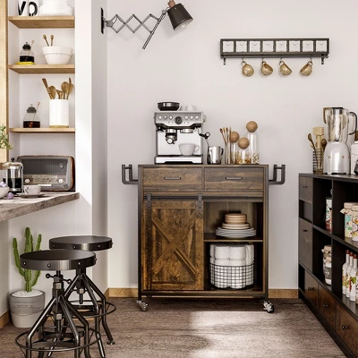 HOMCOM Rustic Farmhouse Kitchen Cart, Rolling Storage Island With Adjustable Shelf, Two Drawers, Sliding Barn Door Cabinet And Towel Rack 2 HOMCOM Rustic Farmhouse Kitchen Cart, Rolling Storage Island With Adjustable Shelf, Two Drawers, Sliding Barn Door Cabinet And Towel Rack - Image 2