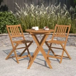 Merrick Lane Three Piece Solid Acacia Wood Folding Patio Bistro Set With Lightweight Round Table And Two Chairs, Natural