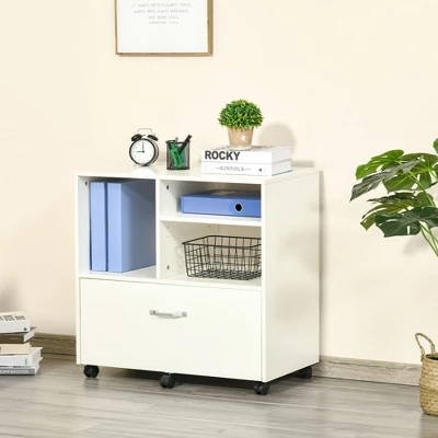 Vinsetto 29" Filling Cabinet, Office Storage Organizer With 4 Shelves, Wheels And Bottom Drawer For Legal And Letter Sized Files, White 1 Vinsetto 29" Filling Cabinet, Office Storage Organizer With 4 Shelves, Wheels And Bottom Drawer For Legal And Letter Sized Files, White