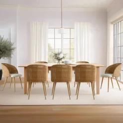 Set Of 8 Rattan Dining Chairs, Mid-Century Upholstered Cane Back Chairs With Armrests, Wood-Look Metal Legs For Dining Room & Kitchen-Maison Boucle -Chic Furniture Store GUEST 4bb04d57 ee9e 49e4 afc8 bc556e26603a