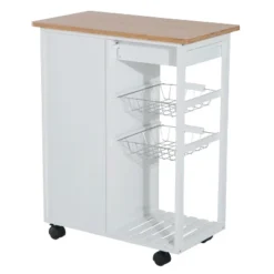 HOMCOM 28" Rolling Kitchen Trolley Serving Cart Storage Cabinet Bamboo Top With Wire Basket & Door Cabinet & Drawers, White -Chic Furniture Store GUEST 4e06d74b 485a 480c b6de 708bb0e7779b