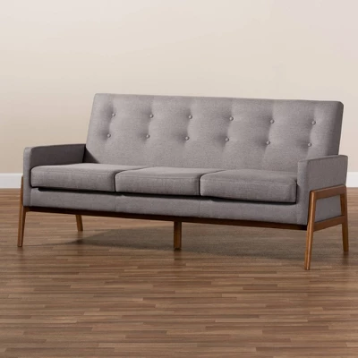 Perris Upholstered Wood Sofa Light Gray/Walnut - Baxton Studio 7 Perris Upholstered Wood Sofa Light Gray/Walnut - Baxton Studio - Image 7
