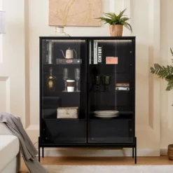 Kumasinova Modern Display Storage Cabinet With LED Lights,Kitchen Pantry Cabinet With Glass Doors,Kitchen Cabinet With 4 Adjustable Shelves For Office -Chic Furniture Store GUEST 577c6109 d4cd 4b2b a100 13db2825c882