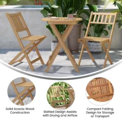 Merrick Lane Three Piece Solid Acacia Wood Folding Patio Bistro Set With Lightweight Round Table And Two Chairs, Natural -Chic Furniture Store GUEST 5cd619d0 18e0 427f 95c5 20bbf8dae96c