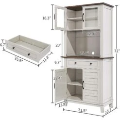 Set Of 2 Tall Storage Cabinet, Freestanding Kitchen Pantry Organizer With Drawer & Adjustable Shelves, Bathroom Cabinet For Dining Room