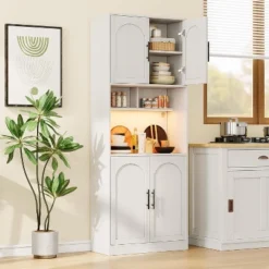 Homhougo Kitchen Pantry Cabinet With RGB Lights, 71” Tall Barn Door Storage Cabinet With Microwave Stand -Chic Furniture Store GUEST 63147565 8597 4e77 94b2 968a63f086c8