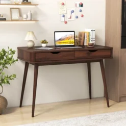 Costway 43.5" Writing Desk With 2 Drawers Anti-Tipping Kits & Solid Rubber Wood Legs White/Walnut