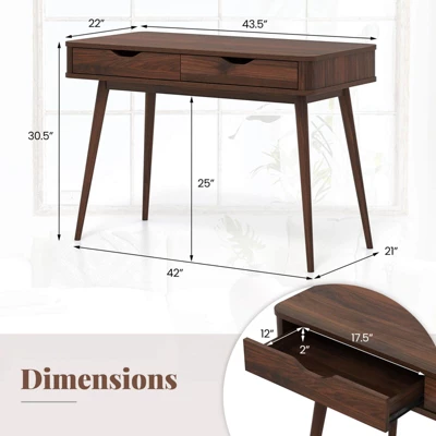 Costway 43.5" Writing Desk With 2 Drawers Anti-Tipping Kits & Solid Rubber Wood Legs White/Walnut 2 Costway 43.5" Writing Desk With 2 Drawers Anti-Tipping Kits & Solid Rubber Wood Legs White/Walnut - Image 2