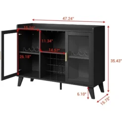 47" Liquor Cabinet Bar With LED Light, Kitchen Sideboard Buffet Storage Rack With Glass Door & Open Shelf For Home Living Room Dining Room, Black