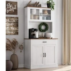 71" Kitchen Pantry Cabinet With Microwave Stand - Freestanding Coffee Bar Storage With Glass Doors & Adjustable Shelves For Dining Room White -Chic Furniture Store GUEST 6e1f1583 bc96 4cde a824 661908aaace4