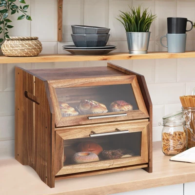 Farmhouse Acacia Wood Bread Box–2-Tier Rustic Storage With Clear Acrylic Door & Freshness Vents | Spacious Countertop Organizer For Bread, Baked Goods 4 Farmhouse Acacia Wood Bread Box–2-Tier Rustic Storage With Clear Acrylic Door & Freshness Vents | Spacious Countertop Organizer For Bread, Baked Goods - Image 4