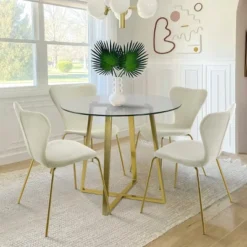 HANA+FLAVIA 5-Piece Round Clear Glass Gold Legs Dining Table Set With 4 Upholstered Chairs-The Pop Maison -Chic Furniture Store GUEST 766245fb 177c 4f92 ba22 0b6a79598643