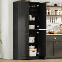 70" Black Tall Kitchen Pantry Cabinet With 4 Doors And Adjustable Shelves, Freestanding Storage Cabinet For Bathroom, Dining Room, Living Room -Chic Furniture Store GUEST 769601a9 6fd3 4707 8748 ebb60b7de565