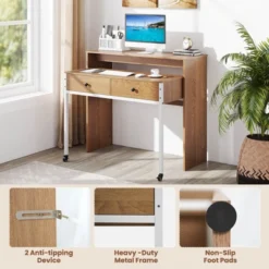 Costway 39.5" Expandable Rolling Computer Desk With Monitor Shelf 2-tier Desktop 2 Drawers Natural/Brown/Black -Chic Furniture Store GUEST 7d5ef413 52e7 456f a1bd c6829636bd4d