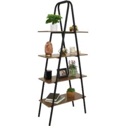 Sunnydaze Decor Sunnydaze 4-Shelf Industrial-Style Ladder Bookshelf - MDP With Powder-Coated Steel Frame - Brown -Chic Furniture Store GUEST 801a30e2 6fc4 4a45 a08c c103401080b8