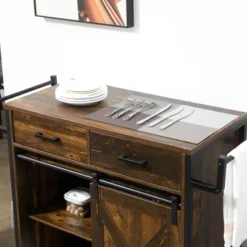 HOMCOM Rustic Farmhouse Kitchen Cart, Rolling Storage Island With Adjustable Shelf, Two Drawers, Sliding Barn Door Cabinet And Towel Rack 8 HOMCOM Rustic Farmhouse Kitchen Cart, Rolling Storage Island With Adjustable Shelf, Two Drawers, Sliding Barn Door Cabinet And Towel Rack -Chic Furniture Store GUEST 8690357e 5839 4439 926c a2d45223a22d