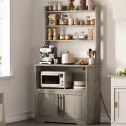 Microwave Stand Bakers Rack Cabinet, Farmhouse Wooden Storage Cabinet With Power Outlet With Thickened Counter -Chic Furniture Store GUEST 8825c9a7 4207 46c0 adea b0b6230b5206