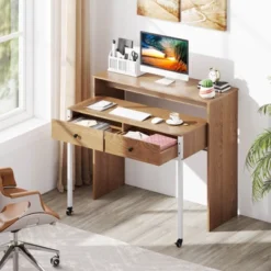 Costway 39.5" Expandable Rolling Computer Desk With Monitor Shelf 2-tier Desktop 2 Drawers Natural/Brown/Black -Chic Furniture Store GUEST 9da17dbb 35be 4d7f 8bde ccd60dd571df