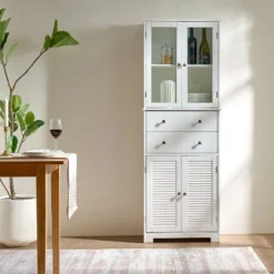 67" Tall Storage Cabinet, Freestanding Kitchen Pantry Cabinet With Glass Door & 2 Shelves & 2 Drawers
