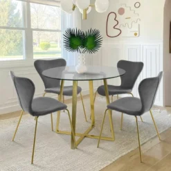 HANA+FLAVIA 5-Piece Round Clear Glass Gold Legs Dining Table Set With 4 Upholstered Chairs-The Pop Maison -Chic Furniture Store GUEST a03ebcc3 c99c 4398 a81a c353197dd33c