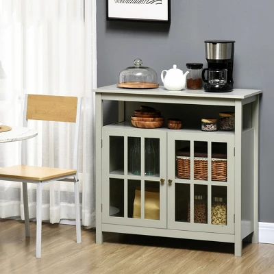 HOMCOM Kitchen Sideboard, Storage Buffet Cabinet With Open Shelf, Glass Door Cabinet And Adjustable Shelf For Living Room, Gray 2 HOMCOM Kitchen Sideboard, Storage Buffet Cabinet With Open Shelf, Glass Door Cabinet And Adjustable Shelf For Living Room, Gray - Image 2