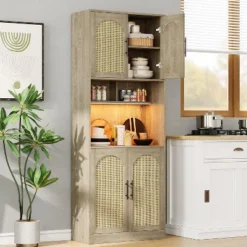 Homhougo Kitchen Pantry Cabinet With RGB Lights, 71” Tall Barn Door Storage Cabinet With Microwave Stand -Chic Furniture Store GUEST aa832f9e 6c60 4532 be3e dfe41d8308c2