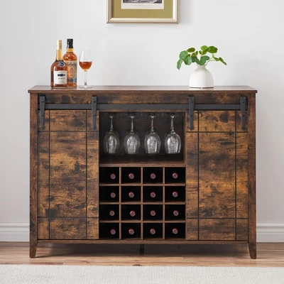 Wine Bar Cabinet,47" Farmhouse Coffee Bar Cabinet With Sliding Barn Door, Buffet Sideboard Cabinet With 16 Bottle Wine Rack 2 Wine Bar Cabinet,47" Farmhouse Coffee Bar Cabinet With Sliding Barn Door, Buffet Sideboard Cabinet With 16 Bottle Wine Rack - Image 2