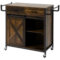 HOMCOM Rustic Farmhouse Kitchen Cart, Rolling Storage Island With Adjustable Shelf, Two Drawers, Sliding Barn Door Cabinet And Towel Rack 7 HOMCOM Rustic Farmhouse Kitchen Cart, Rolling Storage Island With Adjustable Shelf, Two Drawers, Sliding Barn Door Cabinet And Towel Rack -Chic Furniture Store GUEST bcca9a52 048b 414f a59a 6932fa0ce300